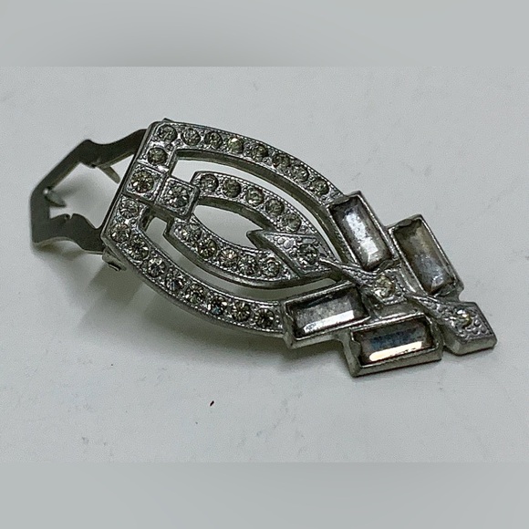 Mid Century Vintage Art Deco Silver Tone Rhinestone Clip On Brooch - Picture 11 of 12